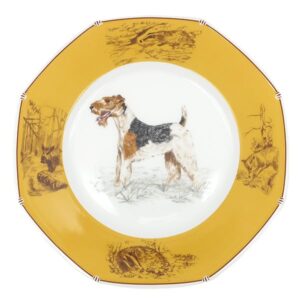 エルメス HERMES 食器 シャス ワイヤーフォックステリア 八角 磁器 イエロー×ホワイト 黄色 白 犬 プレート ポーセリン 【箱】 【中古】