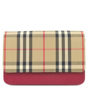 バーバリー BURBERRY ショルダーバッグ ノバチェック チェーンショルダー キャンバス レザー ベージュ×レッド ゴールド金具 【中古】中古美品