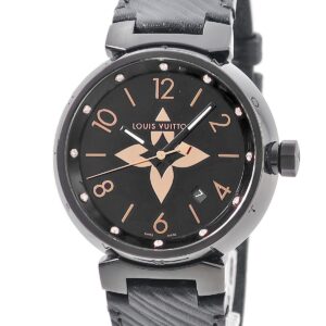 【★3％OFFクーポン】ルイヴィトン LOUIS VUITTON タンブール オールブラック GM QA049Z 純正ダイヤ 黒 ブラックPVD モノグラムフラワー メンズ 腕時計クオーツ ブラック 【中古】中古品