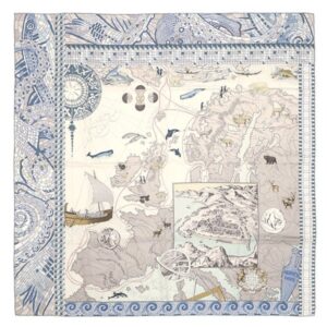 エルメス HERMES スカーフ カレ90 シルク ブルー×マルチカラー 【LE VOYAGE DE PYTHEAS/ピュテアスの航海 】 【中古】中古美品
