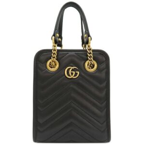 グッチ GUCCI 2WAYバッグ GGマーモント キルティング レザー ブラック マットゴールド金具 黒 ショルダー 696123 【箱】 【中古】