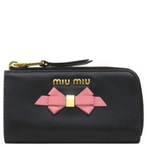 ミュウミュウ MIU MIU キーケース リボン付き キーケース カーフ ブラック ゴールド金具 黒 ピンク 小銭入れ 2B61 【中古】中古美品