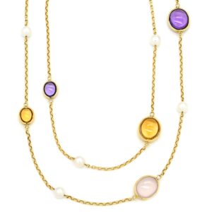 ミキモト MIKIMOTO ネックレス ステーション ロングネックレス マルチカラー×イエローゴールド MIKIMOTO アメジスト ピンククオーツ トパーズ パール 【中古】中古美品
