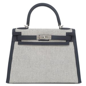エルメス HERMES 2WAYバッグ ケリー28 外縫い ヴォースイフト トワルキャドリーユ キャバン×ホワイト シルバー金具 白 黒 B 【中古】未使用保管品