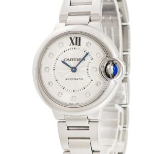 カルティエ Cartier バロンブルー ドゥ カルティエ 33mm W4BB0021 純正ダイヤ ギョウシェ 青針 メンズ レディース 腕時計自動巻き シルバー 【中古】
