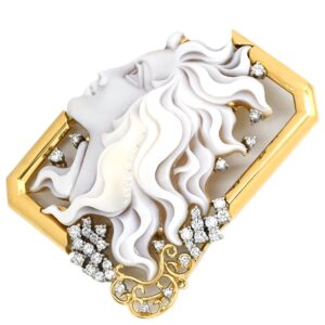 パトリシア パルラーティ Patrizia Parlati ブローチ カメオ ダイヤ ホワイト×イエローゴールド シェル 彫刻 ペンダントトップ 2WAY 横顔 スクエア 角型 【中古】中古美品