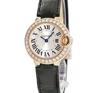 カルティエ Cartier バロンブルー 28mm WE900251 K18PG無垢 純正ダイヤ ローマン 青針 シルバー レディース 腕時計クオーツ シルバー 【中古】